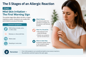 Diagram outlining the 5 stages of allergic reaction from first exposure to recovery
