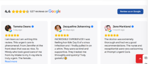 Patient review screenshot sharing feedback about care at Prompt Urgent Care