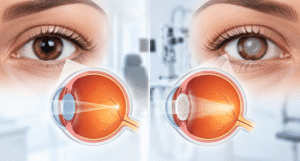 Older woman rubbing her eye while struggling to read, suggesting cloudy or blurry vision after cataract surgery