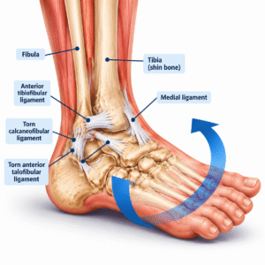 Swollen, bruised ankle showing common sprain symptoms after an injury