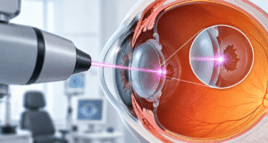 Eye doctor examining a patient's eyes with a slit lamp to check whether cataract surgery can be redone