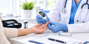 Provider checking a patient's blood sugar level during a diabetes test